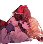  2girls absurdres blonde_hair blush bow brown_hair commentary_request detached_sleeves hair_bow hakurei_reimu highres indirect_kiss korean_commentary long_hair long_sleeves looking_at_another lying multiple_girls on_back purple_eyes red_bow red_vest simple_background tohou89 touhou vest white_background white_sleeves wide_sleeves yakumo_yukari yuri 