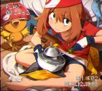  1girl absurdres bandana barefoot black_gloves blue_eyes blue_shorts brown_hair gloves highres khyle. looking_at_viewer may_(pokemon) pokemon pouch red_shirt shirt short_hair short_shorts short_sleeves shorts sitting solo torchic voltorb 