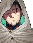  1boy black_eyes black_hair cloak closed_eyes crying facial_hair facing_viewer goatee golden_kamuy hair_slicked_back hair_strand head_tilt hood hood_up hooded_cloak male_focus ogata_hyakunosuke portrait ri_(ri_kaos21) scar scar_on_cheek scar_on_face short_hair smile solo staring stitches stubble tearing_up tears_from_one_eye undercut uneven_eyes 