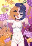  1girl alternate_costume ambasa bandages bangs bare_tree black_hair blush breasts cabbie_hat candy commentary_request cowboy_shot food full_moon halloween hat hat_ornament highres jack-o&#039;-lantern jiangshi lollipop looking_at_viewer miyako_yoshika moon mummy_costume naked_bandage navel open_mouth outstretched_arms paid_reward_available pumpkin purple_eyes purple_headwear sharp_teeth short_hair small_breasts solo star_(symbol) star_hat_ornament teeth touhou tree wrapped_candy yellow_moon zombie_pose 