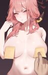 1boy 1girl :o absurdres aru_(blue_archive) blue_archive blush breasts breasts_apart collarbone completely_nude covered_nipples demon_horns halo highres horns large_breasts looking_at_viewer navel nude pink_hair pov pov_hands simple_background sticky_note stomach sweat yzr_(yzr99) 