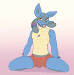  2022 absurd_res anthro bedroom_eyes biped black_body black_fur blue_body blue_fur boxers_only bulge clothed clothing dabelette ear_piercing front_view fur generation_4_pokemon glowstick hi_res kneeling looking_at_viewer lucario male mostly_nude multi_tone_fur narrowed_eyes nintendo open_mouth piercing pokemon pokemon_(species) red_eyes seductive simple_background solo tongue tongue_out topless underwear underwear_only video_games yellow_body yellow_fur 