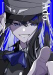  1girl absurdres ado_(singer) ascot black_hair black_headwear blue_ascot blue_background blue_eyes blue_theme buttons character_name double-breasted freedom_(ado) grey_headwear grin hair_between_eyes hand_on_headwear hat highres limited_palette looking_at_viewer mochizuki_kei_(style) nanasy_gnb narrowed_eyes peaked_cap pointing pointing_at_viewer portrait smile 