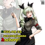  1girl anchovy_(girls_und_panzer) anzio_military_uniform apron artist_logo bangs belt birthday black_apron black_necktie black_shirt character_name dated dress_shirt drill_hair girls_und_panzer green_hair grey_jacket hand_on_hip happy_birthday holding holding_ladle italian_text jacket ladle long_hair looking_to_the_side military military_uniform necktie nishi_itsumi open_mouth red_eyes sam_browne_belt shirt solo twin_drills twintails uniform upper_body waist_apron wing_collar zoom_layer 