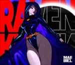  1girl artist_name bare_hips bare_legs belt black_cloak black_leotard breasts cape cloak colored_skin dc_comics forehead_jewel grey_skin hood leotard long_sleeves looking_at_viewer looking_to_the_side maebiel medium_breasts pale_skin purple_cape purple_lips raven_(dc) shiny_clothes short_hair solo teen_titans thighs 