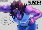  &lt;3 anthro belt big_breasts bodily_fluids bottomwear breasts cleavage clothed clothing deltarune dialogue female fully_clothed hair hair_over_eye hi_res leaning leaning_forward lizard muscular muscular_anthro muscular_female one_eye_obstructed pants purple_body purple_scales reptile saliva saliva_string scales scalie sharp_teeth shirt simple_background solo susie_(deltarune) t-shirt teeth thedarkzircon tongue tongue_out topwear undertale_(series) video_games yellow_eyes 