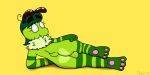 anthro arthropod backsack balls big_butt butt butt_heart cowlick fluffy fur genitals green_body green_fur hair hand_on_butt hi_res insect lying male nonbinary_(lore) on_side pawpads rebel_(artist) reeble_(rebel) simple_background smile solo striped_arms striped_legs stripes yellow_background
