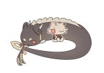  animalization arknights chong_yue_(arknights) choshanland_plushy_(arknights) closed_mouth commentary_request creature dragon dragon_bubble_(arknights) highres mamara_tang one_eye_closed red_eyes ribbon simple_background tail tail_ornament tail_ribbon white_background 