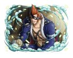  1boy abs cape den_den_mushi facial_hair fur_trim hat holding holding_phone jacket long_sleeves male_focus mask muscular muscular_male official_art one_piece one_piece_treasure_cruise open_clothes open_jacket open_mouth orange_hair pants phone sitting talking_on_phone tattoo x_drake 