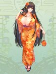  1girl :o bag black_hair breasts cleavage dairoku_ryouhei flower full_body gome_(tw6) green_background hair_flower hair_ornament hand_in_own_hair highres holding holding_bag huge_breasts japanese_clothes kimono leaf_print looking_at_viewer lucrezia_astrude orange_kimono orange_nails red_eyes sandals solo standing wide_sleeves 