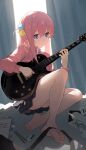 1girl absurdres barefoot black_skirt blue_eyes bocchi_the_rock! closed_mouth commentary curtains electric_guitar gotou_hitori guitar hair_between_eyes hair_ornament highres instrument jacket legs long_hair long_sleeves music pink_hair pink_jacket playing_instrument shenqi_de_(9) sitting skirt soles solo thighs toenails 