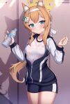  1girl animal_ear_fluff animal_ears bangs black_jacket black_shorts blue_archive blush bottle breasts brown_hair closed_mouth commentary_request gym_shirt gym_shorts gym_uniform hair_between_eyes halo headband highres holding holding_bottle jacket locker locker_room long_hair long_sleeves looking_at_viewer low_ponytail mari_(blue_archive) mari_(gym_uniform)_(blue_archive) open_clothes open_jacket ponytail puffy_long_sleeves puffy_sleeves shirt short_shorts shorts sidelocks small_breasts smile solo sweat track_jacket uneg very_long_hair water_bottle white_headband white_shirt 