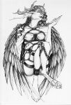  2022 absurd_res animal_humanoid anthro antlered avian bdsm bondage bound chain crossed_legs curator detailed dragon dragon_humanoid european_mythology female graphite_(artwork) greek_mythology harpy hi_res humanoid illicit ink monochrome mythological_avian mythology restraints rope rope_bondage rope_harness sitting smile smirk solo traditional_media_(artwork) wings 