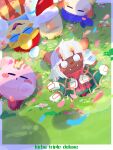  bandana bandana_waddle_dee beak beanie blue_bandana blunt_bangs blush_stickers border bug butterfly butterfly_on_head cloak closed_eyes closed_mouth colored_skin disembodied_hand double-parted_bangs extra_hands fangs field flower flower_field fur-trimmed_robe fur-trimmed_sleeves fur_trim gloves green_cloak hat highres king_dedede kirby kirby:_triple_deluxe kirby_(series) long_sleeves lying no_humans no_mouth omame_sakana on_back on_grass open_clothes open_robe orange_butterfly outside_border parted_lips petals pink_skin pom_pom_(clothes) pom_pom_beanie red_footwear red_hat red_robe red_scarf red_sleeves robe scarf shoes sleeves_past_wrists smile solid_circle_eyes spider_web_print taranza tearing_up white_border white_eyes white_hair yellow_gloves 