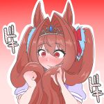  1girl blush bow brown_hair closed_mouth commentary_request daiwa_scarlet_(umamusume) fang fang_out gradient_background hair_between_eyes hair_bow hair_intakes hands_up highres holding holding_own_hair itota_art long_hair nose_blush outline pink_background puffy_short_sleeves puffy_sleeves red_background red_bow red_eyes school_uniform short_sleeves solo tiara tracen_school_uniform twintails umamusume upper_body white_outline 