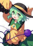  1girl black_hat buttons collared_shirt diamond_button frilled_shirt_collar frilled_sleeves frills green_eyes green_hair green_skirt hair_between_eyes hat hat_ribbon heart heart_of_string highres hiyaya_(kochi_michikaze) komeiji_koishi medium_hair open_mouth ribbon shirt simple_background skirt sleeves_past_fingers sleeves_past_wrists smile solo touhou white_background wide_sleeves yellow_ribbon yellow_shirt 