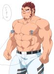  1boy abs akashi_(live_a_hero) arms_at_sides bara blush facial_hair goatee highres large_pectorals live_a_hero long_sideburns male_focus muscular muscular_male navel nipples one_eye_closed pectorals red_eyes red_hair ruizu_(takakisan503) scar scar_on_face scar_on_nose short_hair sideburns solo strongman_waist thick_eyebrows topless_male translation_request wire 