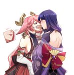  2girls blush bridal_gauntlets covering_mouth earrings eye_contact genshin_impact gold_earrings hair_over_shoulder hand_over_another&#039;s_mouth highres jewelry jhorliearts licking licking_hand long_hair looking_at_another multiple_girls nail_polish pink_hair purple_eyes purple_hair purple_nails raiden_shogun tongue tongue_out yae_miko yuri 