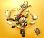  2018 alpaca artist_logo bare_butt brown_hooves butt camelid cloven_hooves cyrilunicorn digital_drawing_(artwork) digital_media_(artwork) female feral fur hi_res hooves logo mammal paprika_paca_(tfh) quadruped rear_view signature solo them&#039;s_fightin&#039;_herds tongue tongue_out underhoof wool_(fur) yellow_body yellow_fur 