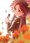  1girl anne_of_green_gables anne_shirley autumn_leaves braid brown_hair flower green_eyes holding holding_flower long_sleeves looking_back neko_(hansinn) outdoors plaid plaid_shirt shirt solo standing twin_braids twintails upper_body 