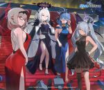  4girls ahoge ako_(blue_archive) back backless_dress backless_outfit bangs bare_shoulders bell black_dress blue_archive blue_hair breasts chinatsu_(blue_archive) cleavage closed_eyes coat coat_on_shoulders cowbell demon_horns demon_wings dress flat_chest formal glasses hair_ornament hair_over_one_eye halo halterneck hand_on_hip high_heels hina_(blue_archive) hood_(james_x) horns iori_(blue_archive) jewelry large_breasts long_coat long_hair medium_breasts microphone multiple_girls multiple_horns neck_bell official_alternate_costume official_art parted_bangs pointy_ears purple_coat purple_eyes red_dress red_eyes side_ponytail sideboob smile stairs tail thigh_strap very_long_hair white_hair wings yellow_eyes 