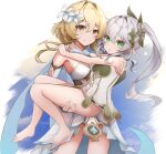  2girls :o absurdres arms_around_neck bangs bare_arms bare_legs bare_shoulders barefoot blonde_hair breasts carrying closed_mouth connexion cowboy_shot cross-shaped_pupils dress feet flower full_body genshin_impact green_eyes hair_flower hair_ornament highres legs long_hair looking_at_viewer lumine_(genshin_impact) multiple_girls nahida_(genshin_impact) parted_lips pointy_ears princess_carry scarf short_hair_with_long_locks side_ponytail sidelocks sleeveless sleeveless_dress small_breasts smile toes white_background white_dress white_flower white_hair white_scarf yellow_eyes 