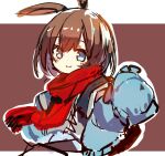  1girl amiya_(arknights) amiya_(fresh_fastener)_(arknights) animal_ears arknights bangs blue_eyes blue_jacket blush brown_background brown_hair closed_mouth hair_between_eyes jacket long_sleeves looking_at_viewer outline rabbit_ears sketch sleeves_past_fingers sleeves_past_wrists smile solo sukima_(crie) two-tone_background white_background white_outline 