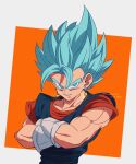  1boy blue_eyes blue_hair blue_pants blue_sash blue_shirt crossed_arms dougi dragon_ball dragon_ball_super earrings gloves highres jewelry komesan_0212 looking_at_viewer male_focus muscular muscular_male orange_background orange_shirt pants potara_earrings sash shirt short_sleeves simple_background sleeveless sleeveless_shirt smirk solo super_saiyan super_saiyan_blue upper_body v-neck vegetto white_background white_gloves 