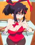  adjusting_clothes adjusting_leotard aetherion animal_ears bangs black_hair blue_eyes blush bow bowtie breasts cleavage cowboy_shot detached_collar embarrassed fake_animal_ears highres indoors kill_la_kill large_breasts leotard leotard_tug locker locker_room looking_to_the_side matoi_ryuuko multicolored_hair pantyhose playboy_bunny red_bow red_bowtie red_hair red_leotard short_hair strapless strapless_leotard streaked_hair 
