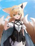  1girl :o animal_ear_fluff animal_ears arknights bangs bare_shoulders black_skirt blonde_hair blue_hairband blue_sky breasts cloud commentary_request day fang fox_ears fox_girl fox_tail green_eyes hair_between_eyes hairband hand_up highres kitsune looking_at_viewer open_mouth outdoors pleated_skirt seijiikeuchi shirt skirt sky small_breasts solo suzuran_(arknights) tail white_shirt 