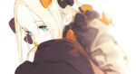  1girl abigail_williams_(fate) black_dress blonde_hair blue_eyes blurry depth_of_field dress fate/grand_order fate_(series) forehead hair_ribbon looking_at_viewer looking_to_the_side pako_(pakosun) portrait ribbon simple_background white_background 