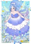  1girl alternate_costume bare_arms bare_shoulders blue_dress blue_flower blue_footwear blue_petals blush border breasts chrono_trigger cleavage closed_mouth collarbone dress fairy_wings falling_petals field floral_background flower flower_field full_body grey_eyes hair_flower hair_ornament highres long_dress long_hair looking_at_viewer medium_breasts parted_bangs petals schala_zeal shikiwo signature smile solo strapless strapless_dress white_border wide_ponytail wings yellow_petals 