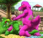  2019 3_toes 4_fingers anthro anthro_on_anthro anthro_penetrated anthro_penetrating anthro_penetrating_anthro anus baby_bop balls barney_and_friends barney_the_dinosaur black_eyes blush bodily_fluids breasts clitoris clothing cloud colored day detailed_background dinosaur duo eye_contact feet female female_penetrated fingers footwear footwear_only from_front_position genital_fluids genitals grass green_body green_hair green_scales hair happy happy_sex holding_both_legs holding_legs_up interspecies kitsune_youkai kneeling looking_at_another looking_at_partner male male/female male_penetrating male_penetrating_female mostly_nude multicolored_body multicolored_scales nature nipples nude open_mouth outside outside_sex penetration penile penile_penetration penis penis_in_pussy pink_body pink_clothing pink_footwear pink_scales pink_shoes plant playground pussy pussy_juice raised_tail reptile scales scalie sex shaded shoes shoes_only sky spots spotted_body tail_between_legs teeth toes tongue towel tree vaginal vaginal_penetration victory_position wall_(structure) 