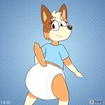 anthro bluey_(series) canid canine canis chilli_heeler clean_diaper clothed clothing diaper diaper_fetish digital_media_(artwork) domestic_dog female looking_at_viewer looking_back mammal poofyfluff simple_background solo tail wearing_diaper