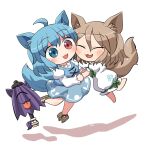  2girls ahoge animal_ears aqua_skirt aqua_vest barefoot blue_eyes blue_hair blush closed_eyes fox_ears fox_tail full_body geta green_ribbon hair_between_eyes heterochromia juliet_sleeves karakasa_obake kudamaki_tsukasa light_brown_hair long_sleeves multiple_girls open_mouth puffy_sleeves red_eyes ribbon rokugou_daisuke romper shirt short_hair short_sleeves signature simple_background skirt smile tail tatara_kogasa touhou umbrella white_background white_romper white_shirt 