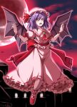  1girl :d ascot bat_(animal) bat_wings brooch cloud fang frilled_skirt frills full_body full_moon hat hat_ribbon highres jewelry mob_cap moon nori_tamago open_mouth outstretched_arms puffy_short_sleeves puffy_sleeves purple_hair red_eyes red_footwear red_moon red_sky remilia_scarlet ribbon sash scarlet_devil_mansion shoes short_hair short_sleeves skirt skirt_set sky smile solo spread_arms teeth touhou wings 