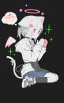  1girl animal_ears apron bandaid bandaid_on_cheek bandaid_on_face black_apron black_socks blue_skirt blush bow cake cake_slice cat_ears cat_girl cat_tail colored_skin commentary drawn_wings ear_down food from_side full_body grey_hoodie grey_mittens grey_skin hair_ornament hairclip halo hands_up highres hood hood_down hoodie kneehighs long_sleeves looking_ahead lurenjia mittens original pink_eyes profile shoes short_hair sitting skirt sneakers socks solo sparkle spoken_food star_(symbol) symbol-only_commentary tail tail_bow tail_ornament thought_bubble wariza x_hair_ornament 