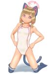  1girl animal_ears blonde_hair blue_archive cat_ears cat_tail commentary_request competition_swimsuit fake_animal_ears flat_chest full_body halo hands_on_own_hips highres kneeling looking_at_viewer momoi_(blue_archive) one-piece_swimsuit pink_eyes simple_background smile solo swimsuit tail thighhighs uzuki_mei white_background white_one-piece_swimsuit 