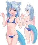  1girl animal_ear_fluff animal_ears blue_eyes blue_hair blunt_bangs breasts butt_crack cat_ears collar collarbone fins fish_tail gawr_gura hair_ornament highres hololive hololive_english looking_at_viewer medium_hair multicolored_hair navel nzmtarou open_mouth shark_girl shark_hair_ornament shark_tail sharp_teeth small_breasts solo streaked_hair swimsuit tail teeth two-tone_hair two_side_up virtual_youtuber white_background white_hair 