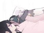  2boys 500_dollar_four_foot_tall_mareep_(meme) bandaid bandaid_on_cheek bandaid_on_face bangs bed black_hair black_headwear black_jacket blanket closed_mouth danganronpa:_trigger_happy_havoc danganronpa_(series) danganronpa_v3:_killing_harmony hair_between_eyes jacket kirigiri_kyouko lying male_focus meme multicolored_hair multiple_boys object_hug official_alternate_costume on_back on_side ouma_kokichi pillow pink_hair saihara_shuuichi short_hair sleeping two-tone_hair under_covers yuni_(yunimiho) 