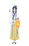  1girl absurdres black_footwear black_hair blue_eyes chinese_clothes chinese_commentary chinese_text flower full_body grin hair_bun hair_flower hair_ornament hanfu highres holding holding_lantern jiaoling_ruqun lantern long_hair long_sleeves looking_at_viewer open_mouth original paper_lantern parted_bangs qiushiri red_lips red_tassel shoes simple_background single_hair_ring smile solo standing translated white_background 