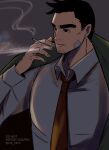  1boy ace_attorney between_fingers black_eyes blowing_smoke cigarette collared_shirt dick_gumshoe facial_hair goatee grey_background grey_shirt highres holding holding_cigarette male_focus mature_male necktie parted_lips pencil_behind_ear rat_nkmi red_necktie shirt short_hair smoke smoking solo thick_eyebrows twitter_username 