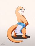 ambiguous_gender animated anthro blue_eyes clothed clothing crouching diaper diaper_fetish diaper_only diaper_use eyes_closed feces fur hi_res lanbabbu mammal messing_diaper messy_diaper mustelid open_mouth orange_body orange_fur otter pooping raised_tail shaded signature simple_background smelly soiled_diaper soiling soiling_diaper solo stink_fumes stink_lines tail topless wearing_diaper whiskers white_diaper