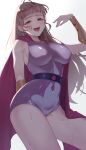  1girl absurdres arm_at_side arm_guards arm_up athletic_leotard backlighting bare_legs belt blue_eyes breasts cape cloak commission covered_navel earrings game_queen gimdeogjun highres jewelry large_breasts leotard long_hair looking_at_viewer narara_superboard open_mouth pixiv_commission purple_belt purple_leotard simple_background skin_tight sleeveless solo sweat thighs unitard white_background 