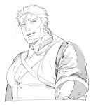  1boy bara beard collared_shirt commentary_request cropped_torso cross_scar facial_hair fangs greyscale highres kresnik_(housamo) large_pectorals long_hair low_ponytail male_focus mature_male monochrome muscular muscular_male nakanakana necktie notice_lines pectorals scar scar_on_face scar_on_forehead shirt simple_background smile solo tokyo_afterschool_summoners twitter_username upper_body vest white_background 