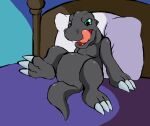  2022 3_toes agumon anthro bandai_namco bed black_body blackagumon digimon digimon_(species) digital_drawing_(artwork) digital_media_(artwork) featureless_crotch feet furniture green_sclera licking licking_lips llamanerd looking_down looking_down_at_self male on_bed open_mouth pillow reptile scalie solo toes tongue tongue_out 