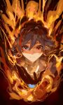  1girl absurdres black_gloves blue_eyes blue_gemstone closed_mouth fire fu_hua fu_hua_(phoenix) gem gloves heterochromia highres honkai_(series) honkai_impact_3rd long_hair looking_at_hands orange_eyes skavenprime solo upper_body white_hair 