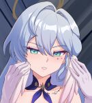  1girl absurdres aqua_eyes bare_shoulders blue_choker choker commentary facial_mark gloves grey_hair hair_between_eyes hair_intakes head_wings highres honkai:_star_rail honkai_(series) long_hair looking_at_viewer luizhtx parted_lips portrait robin_(honkai:_star_rail) solo white_gloves wings 