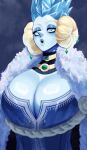  1girl :o absurdres blonde_hair blue_dress blue_eyes blue_skin breasts cape cleavage colored_skin crown double_bun dress eira_lumidelle fur-trimmed_cape fur_trim hair_bun highres ice large_breasts looking_at_viewer narrowed_eyes open_mouth original pointy_nose solo sotcho upper_body 