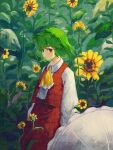  1girl ascot closed_mouth collared_shirt commentary flower frilled_ascot frills ge_dazuo green_hair highres kazami_yuuka long_sleeves open_clothes open_vest outdoors red_eyes red_skirt red_vest shirt skirt skirt_set solo standing sunflower symbol-only_commentary touhou umbrella vest white_shirt yellow_ascot yellow_flower 